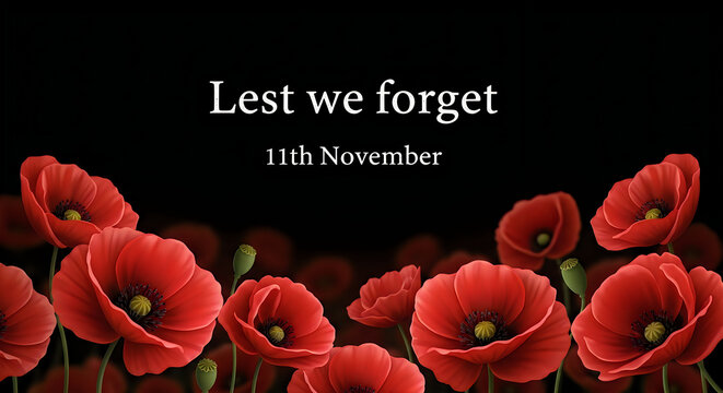 Red poppies on black background with lest we forget text