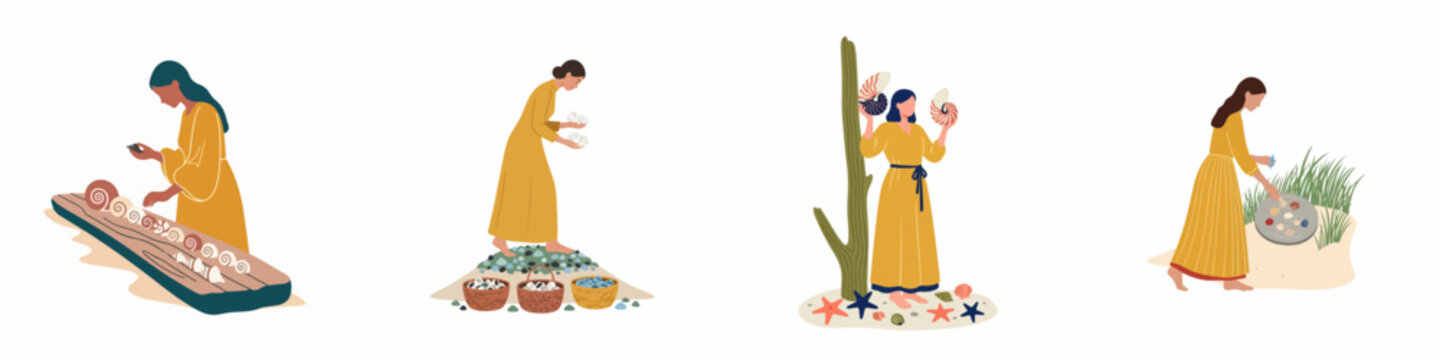 Set of four flat illustrations featuring women in yellow dresses beachcombing and collecting seashells, starfish, and pebbles in a serene coastal setting.