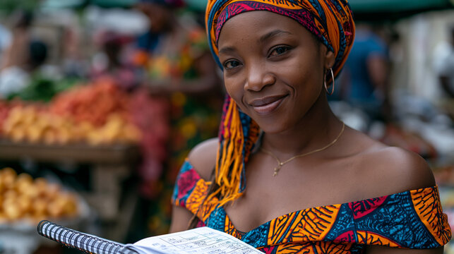 A market trader in a crowded urban square tallying daily microfinance group contributions in a notebook, colorful produce stalls visible behind her, harsh midday sun making the scene vivid and energ
