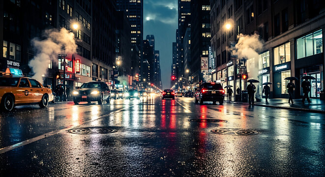 Cinematic New York City Street at Night with Rain, Yellow Taxi, and Steam