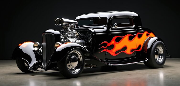 Glossy black hot rod car with powerful engine and flame graphics on side. Classic american coupe custom built for speed and show. Vintage auto style.