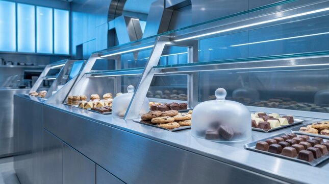 Modern bakery display case filled with tempting pastries, cookies, and muffins, illuminated by cool blue lighting.