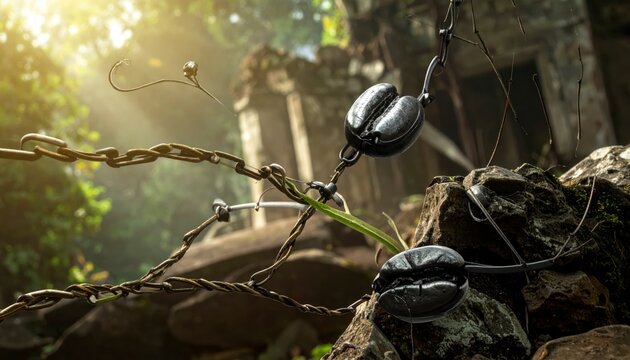 Polished metallic seeds and technological vines growing through ancient stone ruins, representing the fusion of artificial intelligence and nature in a cinematic banner orientation.