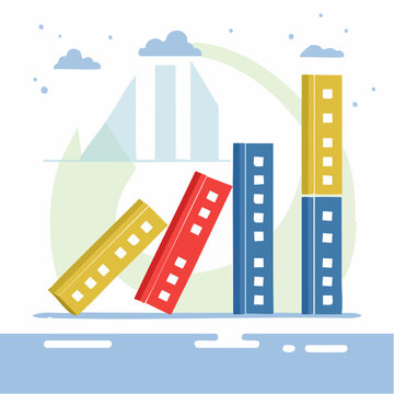 Domino effect with colorful building blocks illustrating a chain reaction or business risk.
