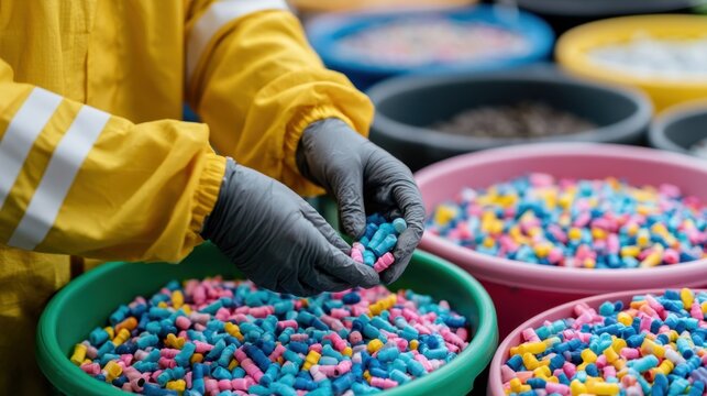Worker in yellow protective jacket sorting colorful cylindrical pellet pieces with black gloves in large pink green and yellow plastic bins for processing or manufacturing