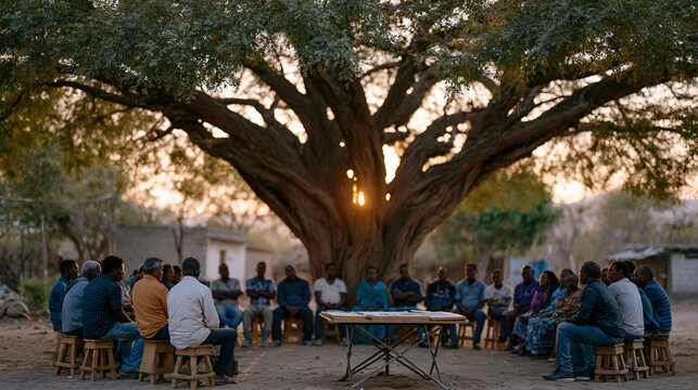 A wide shot of a rural microfinance cooperative meeting under a large acacia tree, members seated on wooden stools with a shared accounting ledger on a folding table, golden hour light filtering thr
