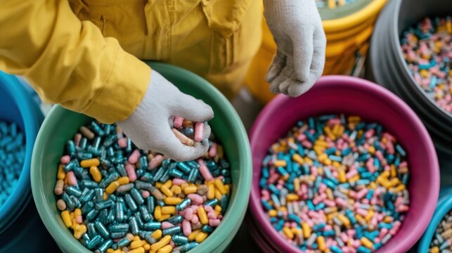 Close-up of person wearing yellow jacket and white gloves sorting colorful medical capsules in plastic bowl for pharmaceutical or health-related production and quality control