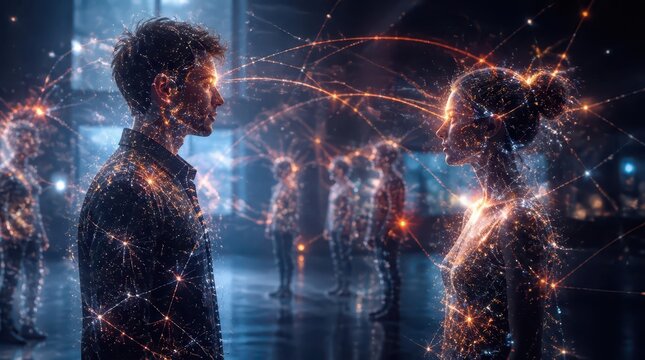 Pulsing light particles trace invisible pathways between human silhouettes in this cinematic widescreen concept, representing interconnected communication and neural networks in a digital space.
