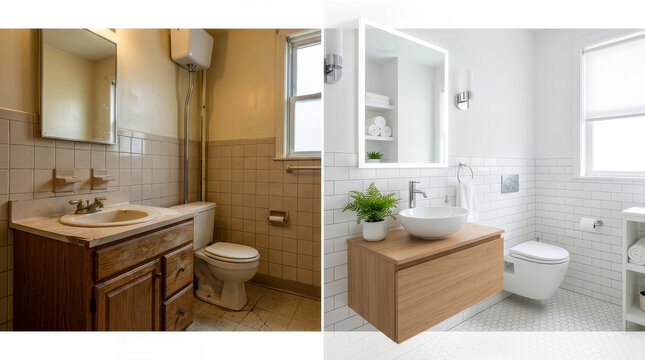 A striking bathroom transformation showcasing a modern, minimalist design that contrasts with an outdated style, highlighting sleek aesthetics and functionality.