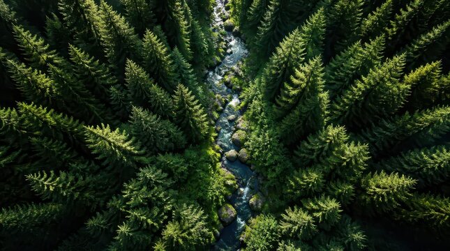 Symmetry defines this top down aerial view of a pristine evergreen forest and river gorge, featuring high contrast sunlight creating a cinematic landscape suitable for professional projects.