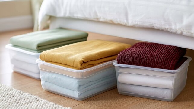 Transparent plastic storage container with neatly folded textile fabric in various colors organized under bed for space saving and home tidiness concept