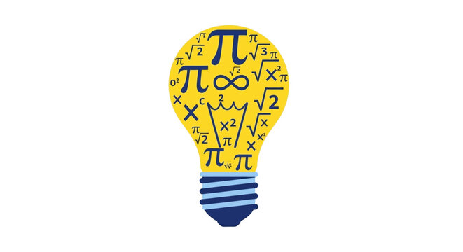 Mathematical Idea Lightbulb Illustration with Formulas, Pi, and Science Symbols representing STEM Education and Creative Problem Solving