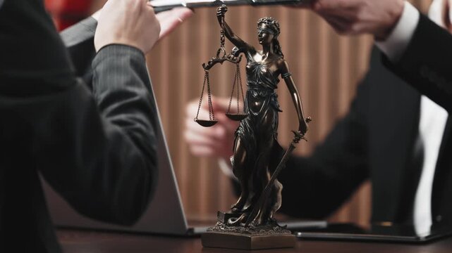 Attorney advising client beside laptop in office. Concept legal consultation, business law, document review and professional legal services.
