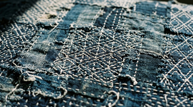 A close-up of intricate fabric patchwork features rich blue hues adorned with delicate white stitching, showcasing craftsmanship and texture.