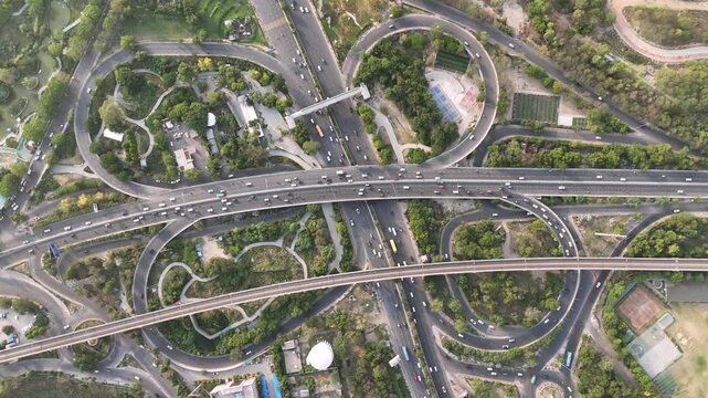 Timelapse Aerial View of Mahamaya Flyover and Noida Metro Line in Noida India
