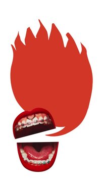 Red lips with braces inside flaming speech bubble in stop motion. Concept of heated discussion, bold opinion, teen expression, viral outrage and emotional communication.
