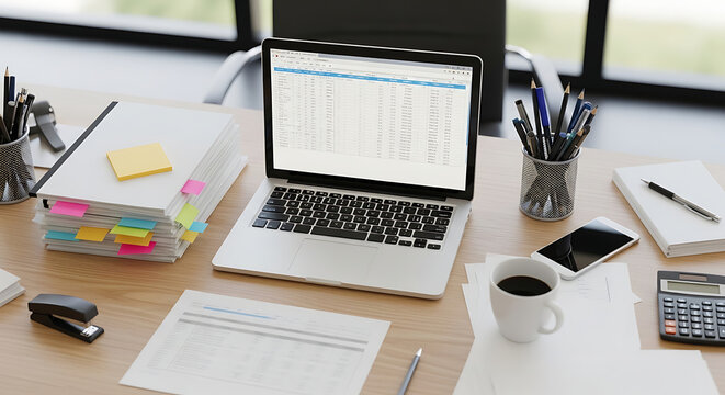 Modern Office Workspace with Laptop Showing Spreadsheet Data and Financial Documents