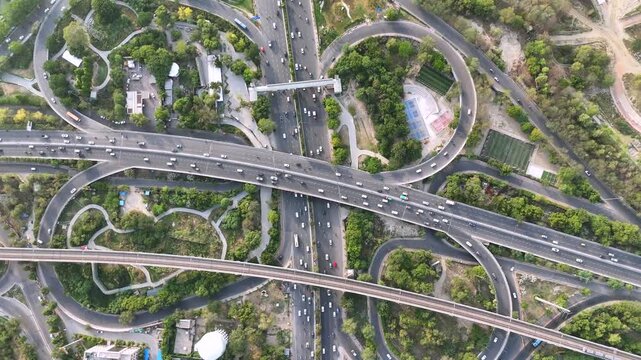 Aerial View of Mahamaya Flyover and Noida Metro Line in Noida India