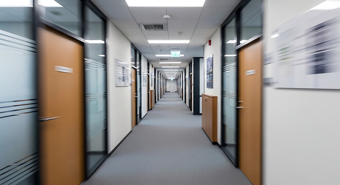 Empty Modern Office Hallway with Multiple Doors and Professional Interior Design
