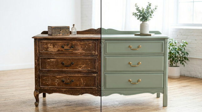 A vintage dresser split in two, showcasing a weathered, rustic side and a freshly painted mint green side. Perfect for highlighting restoration contrast.