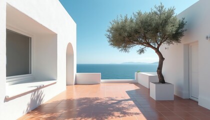 Fototapeta premium Minimalist white terrace overlooks calm blue sea. Olive tree sits in planter on terracotta tile floor. Bright sunlight casts shadows across modern architecture. Serene coastal view offers peace
