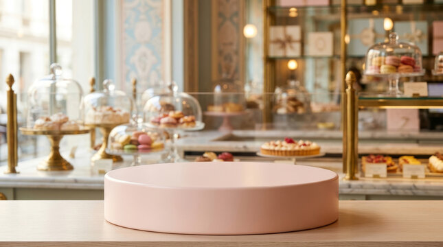 A stylish dessert display featuring a soft pink cake stand surrounded by an assortment of gourmet pastries under glass domes in a charming bakery.