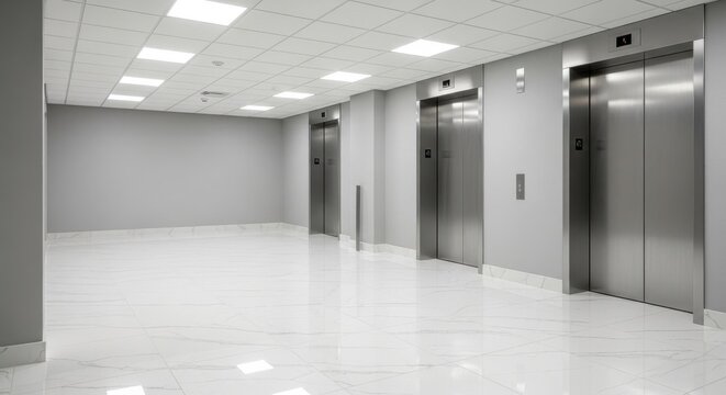 Modern building interior with two polished steel elevators and bright white tiled flooring