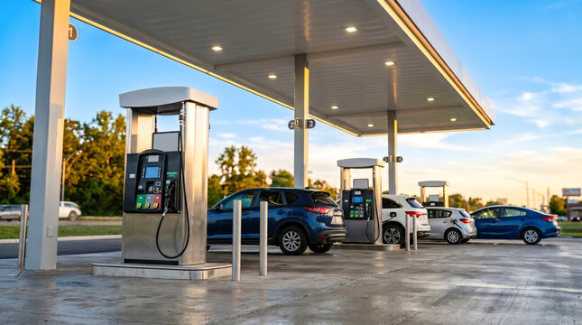 People fill their cars with fuel at a gas station during sunset. The sky is bright with colors as vehicles line up at the pumps