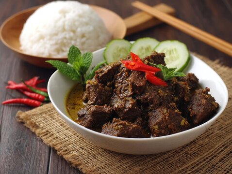 Delicious asian cuisine beef dish with rice and cucumbers