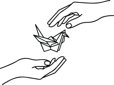 Minimalist line art illustration of two hands releasing a geometric origami paper crane bird on a white background.