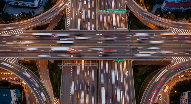 Aerial View of Busy Multi-Level Highway Interchange with Motion Blur Traffic at Dusk