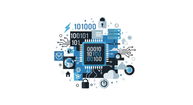 Computer CPU Chip with Cyber Security and Big Data Cloud Computing Technology Icons for Digital Transformation and IT Infrastructure Flat Illustration