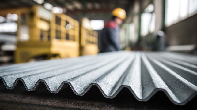Corrugated metal sheets with worker in background