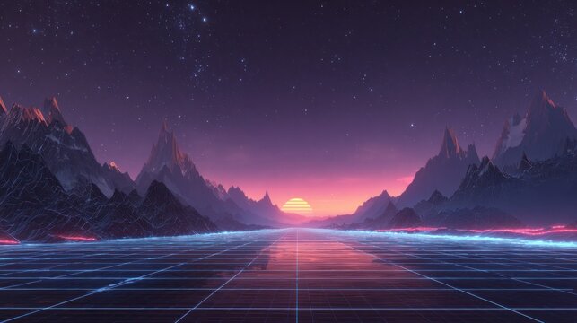 Retro futuristic landscape with mountains and sunset