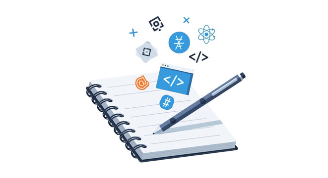 Programming and Web Development Concept Illustration with Notebook, Pen and Floating Coding Icons