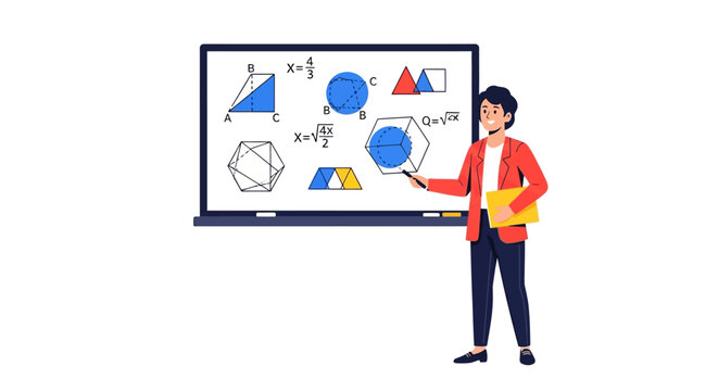 Female Teacher Explaining Geometry and Mathematics Formulas on a Digital Whiteboard, Education and STEM Concept Illustration