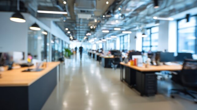 Modern office interior with desks and blurred people
