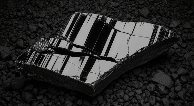 A fractured slab of shiny black obsidian rock with a highly reflective surface, showcasing its sharp edges and natural texture.
