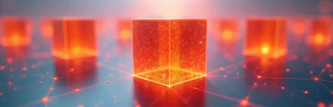 Glowing orange cubes form network grid. Red nodes connect structures. Futuristic digital abstract background. Technology data flow. Energy transmission. Minimal geometric.