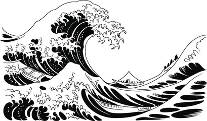 Fototapeta premium Great wave of kanagawa style ocean waves and boats, isolated vector illustration.
