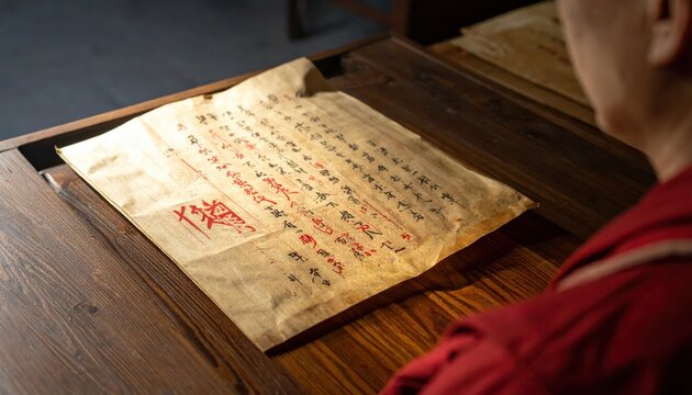 Ancient vellum page with red and black ink calligraphy, displaying historical script on a wooden surface