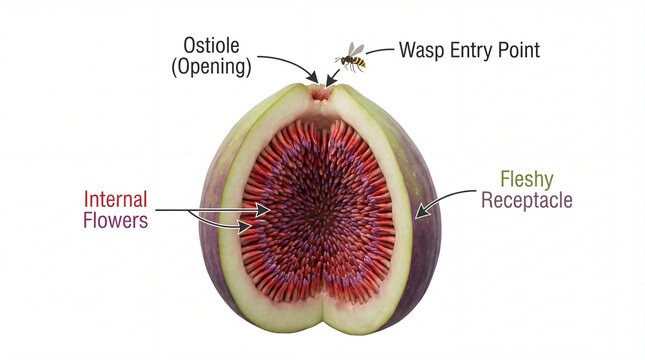 Fig internal structure diagram showing ostiole internal flowers wasp entry point fleshy receptacle in botany pollination concept for science education poster visual reference botanical study graphic