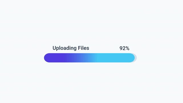 Animated uploading files progress bar with percentage display and gradient loading indicator. Clean flat motion graphic for file transfer, cloud storage, data uploading, backup operations, and digital