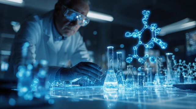 scientist working with artificial intelligence drug discovery system, holographic molecules and chemical structures floating around, futuristic pharmaceutical laboratory,  biotech concept