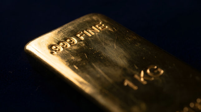 One Kilogram Gold Bar 999 Fine Bullion on Dark Background, Gold Market Investment