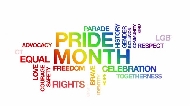 pride month concept Animated Tag Word Cloud kinetic typography, Text Design Animation typography seamless loop video motion graphics Intro Wordart arrangement tagcloud rainbow type on white background