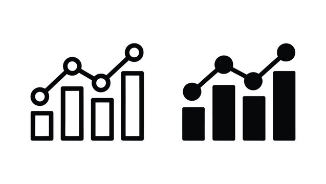 Two black line graph and bar chart icons for financial data growth with analysis