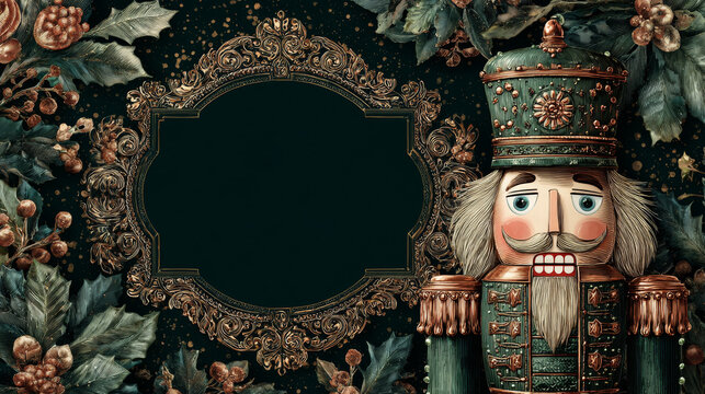 A decorative Christmas-themed illustration featuring a nutcracker doll, a central ornate frame for text, and festive foliage on a dark, elegant background.