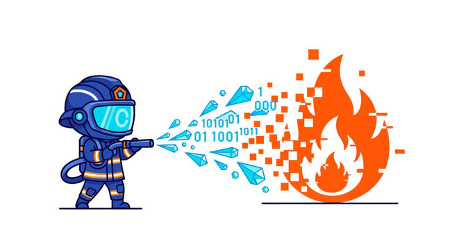 Cartoon robot character extinguishing digital fire with binary code pixels