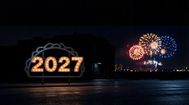 Illuminated 2027 sign on wet city street with fireworks in background creating festive urban celebration scene for event promotion nightlife advertising holiday greeting campaign visuals